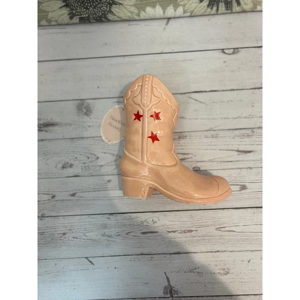 Timeless Beauty Ceramic‎ Cowboy Boot Vase Peach with Red Stars Western Decor